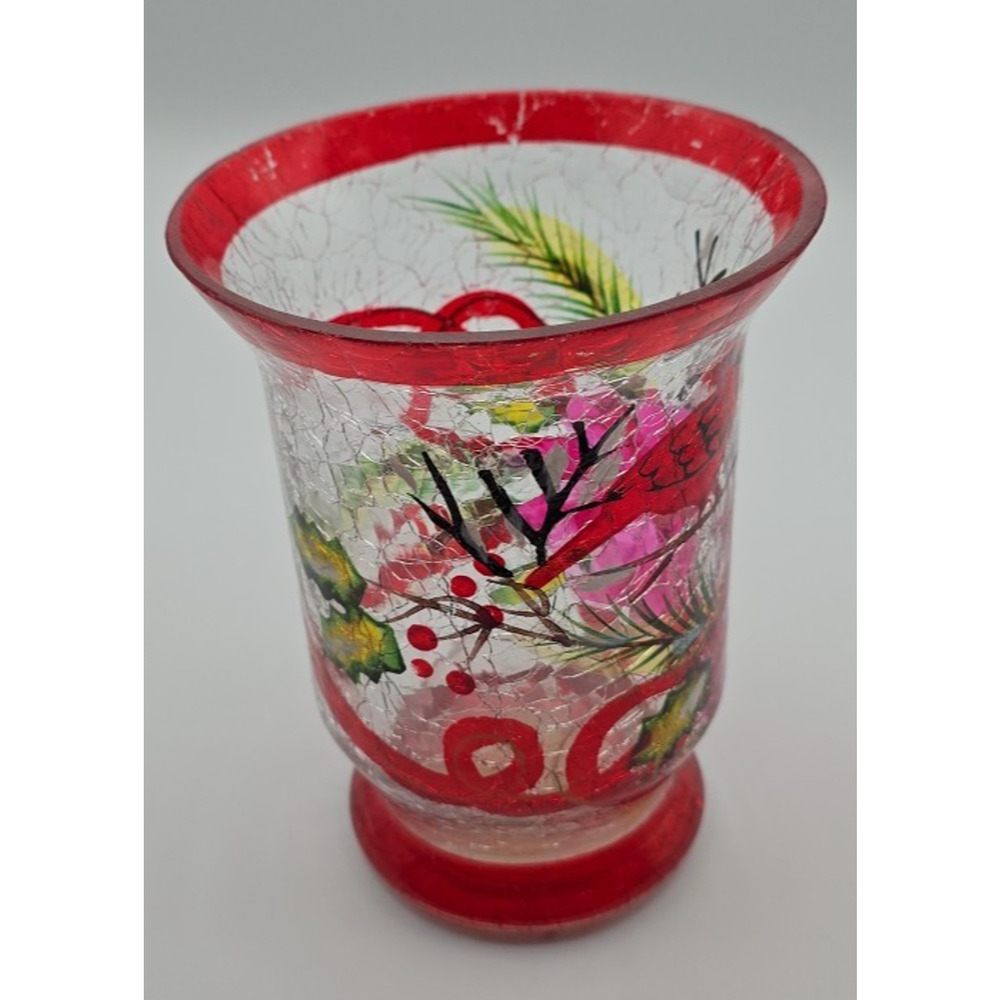 Christmas Holly/Bird Hurricane Candle Holder - Glass, Hand Painted